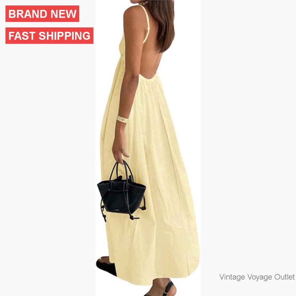 V-Neck Backless Maxi Dress with Pockets, Flowy Boho Sundress